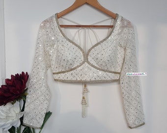 Made To Order Chikankari Blouse, Off-White Long Sleeve Indian Top DVBL_307