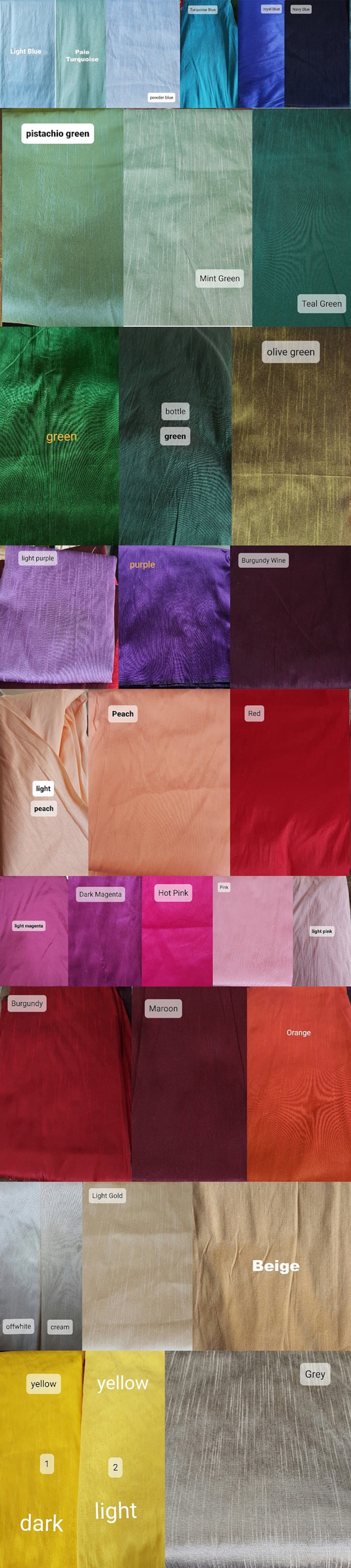 May include: A color chart of fabric swatches in various shades of blue, green, purple, red, pink, orange, yellow, beige, and gray. The swatches are arranged in a grid pattern and labeled with the corresponding color names.
