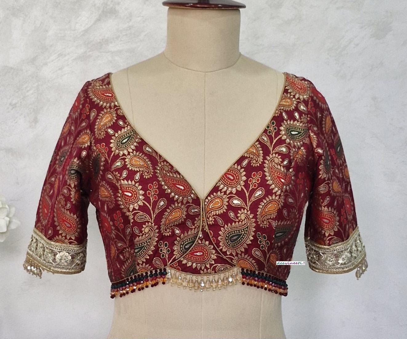 Saree Lehenga Blouse Made To Order Indian Designer Maroon Brocade Deep Sweetheart Neck Half Sleeves Blouse DVBL_403