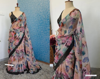 Indian Designer Multicolor Printed Organza Saree with Made to Measure Blouse Wedding Bridesmaid