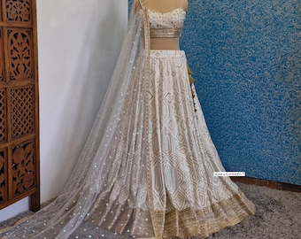 Indian Lehenga Off White Georgette Embroidered Fully Flared Wedding Bridal Bridesmaid Lehenga