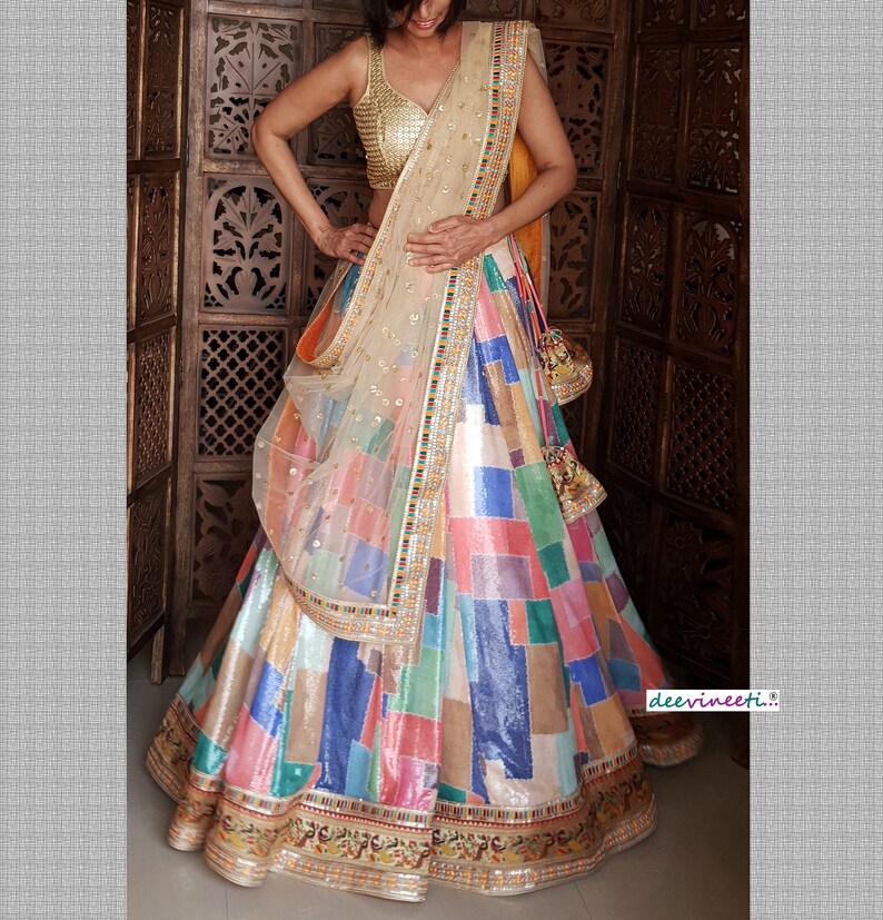 Made To Order Indian Designer Sequins Embroidered Multicolor Georgette Lehenga Choli for Wedding Bridesmaid Dress