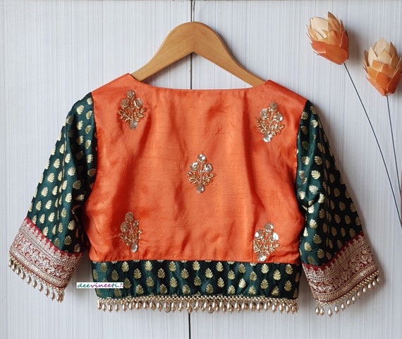Embroidered Silk Saree Blouse: Deep V Neck, Elbow Sleeves DVBL_218