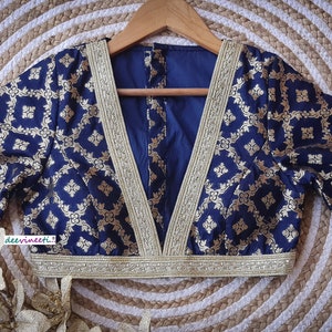 Made To Order Indian Designer Navy Blue Brocade Saree Lehenga Blouse Deep V neck DVBL_150