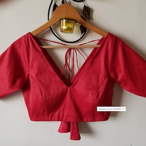 Made To Order Indian Blended Raw Silk Solid Saree Lehenga Blouse V Neck Half Sleeves. DVBL_051