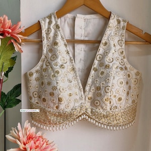 Saree Lehenga Blouse Made To Order Indian Designer Off-white Embroidered Silk Deep V Neck Blouse DVBL_313