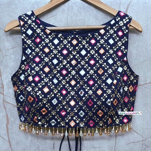 Made To Order Indian Designer Embroidered Dark Blue Saree Lehenga Blouse Boat Neck DVBL_203