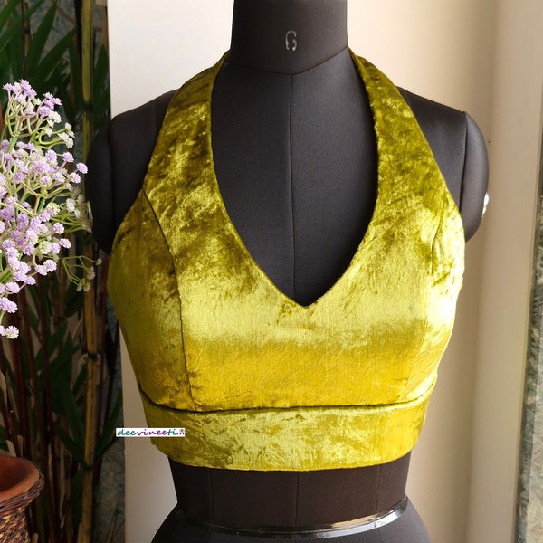 Saree Lehenga Blouse Made To Order Indian Designer Olive Green Viscose Velvet Halter Neck Blouse