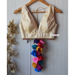 Blended Raw Silk Saree Blouse, Plunging Neckline, Indian Lehenga Choli DVBL_116