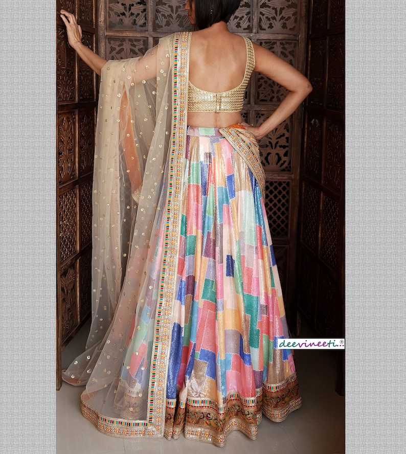 Made To Order Indian Designer Sequins Embroidered Multicolor Georgette Lehenga Choli for Wedding Bridesmaid Dress