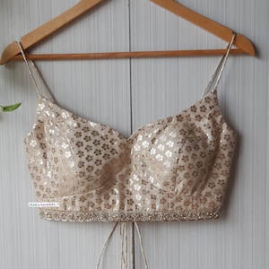 Made To Order Indian Designer Beige Chanderi Brocade Saree Lehenga Spaghetti Blouse Sweetheart neck DVBL_252