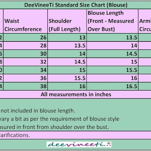 May include: A chart showing blouse sizes in inches for bust, waist, shoulder, blouse length, armhole circumference, and equivalent size. The chart is on a pink and green background with the text "DeeVineeTi Standard Size Chart (Blouse)" at the top.