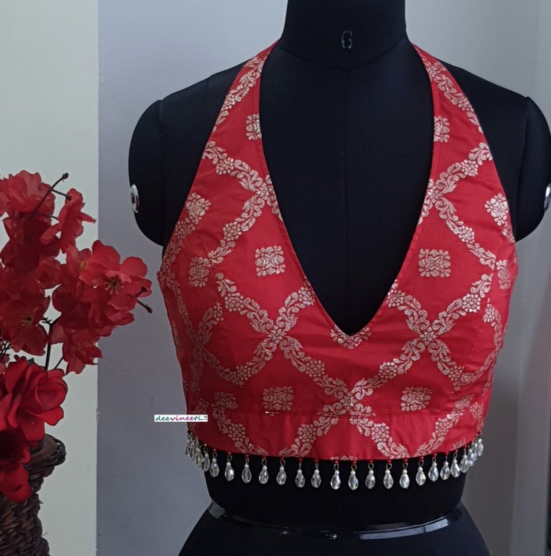 Saree Lehenga Indian Blouse Red Brocade Halter Neck Made To Order Blouse image 1