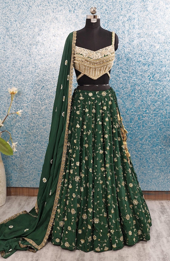 Embroidered Green Crepe Silk Lehenga Choli - Indian Wedding Dress DVMTD_0268