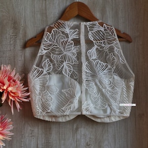 Made To Order Indian Off White Embroidered Net Saree Lehenga Blouse Sleeveless Jewel Neck DVBL_347 .