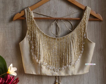 Saree Lehenga Blouse Made To Order Indian Designer Light Gold Tissue Silk Round Neck with Fringes Sleeveless Blouse