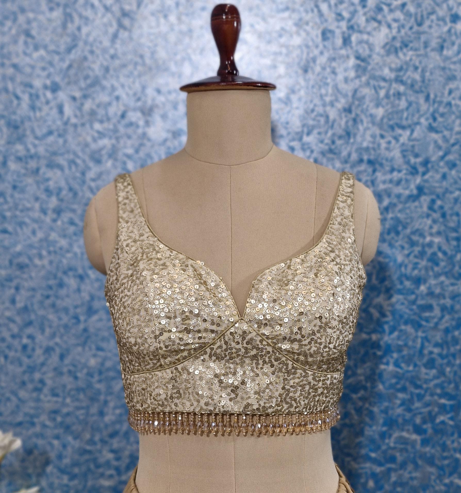 Saree Lehenga Indian Blouse Light Gold Sequins Embroidered Tissue Silk Deep Sweetheart Neck Sleeveless Made To Order Blouse DVBL_435