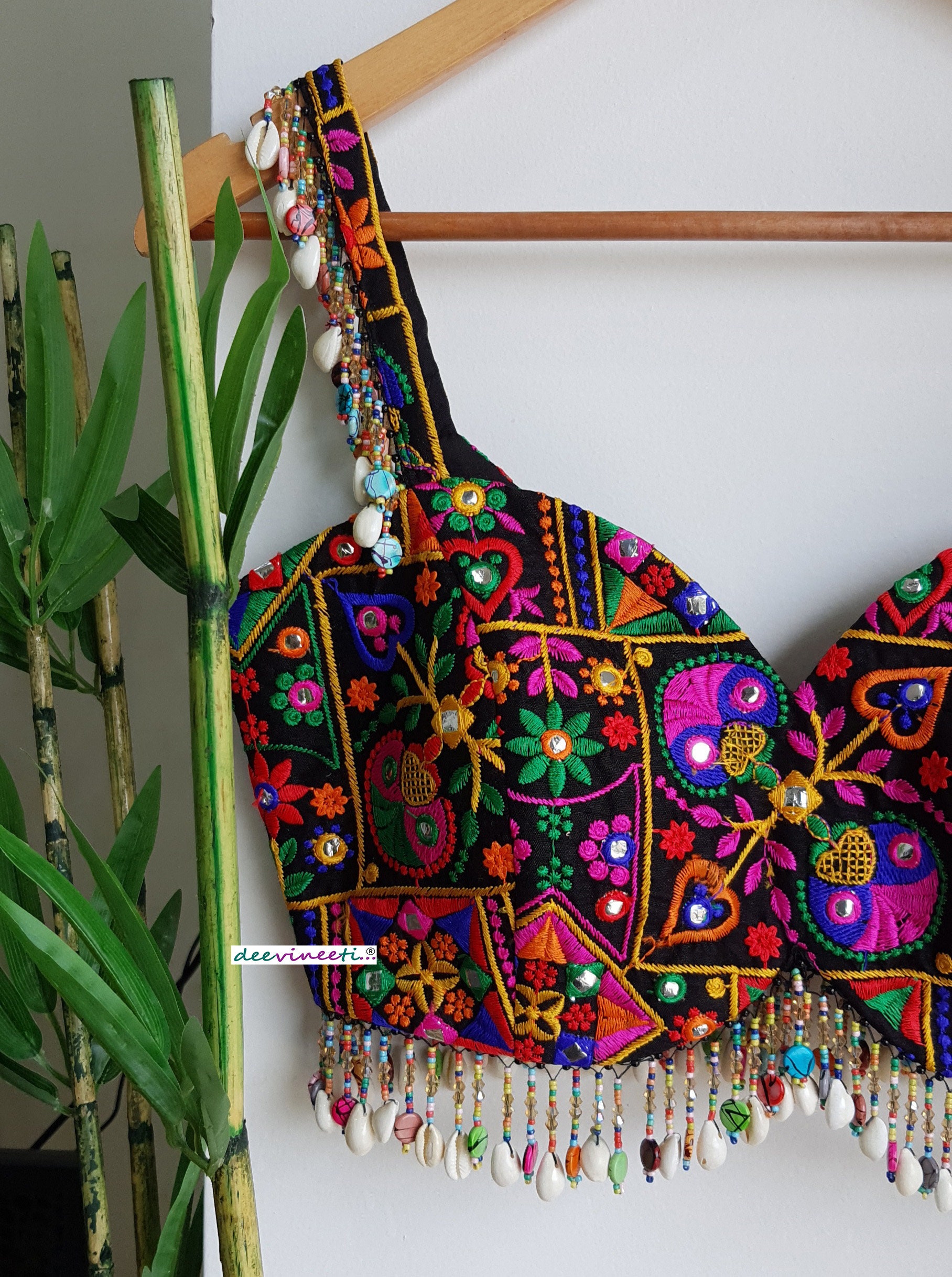 Embroidered Dupion Silk Dandiya Blouse: Deep Sweetheart Neck 