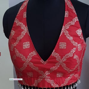 Saree Lehenga Indian Blouse Red Brocade Halter Neck Made To Order Blouse image 3