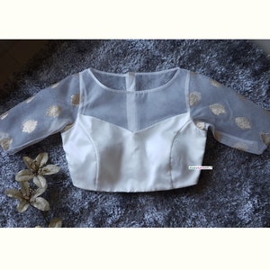 Made To Order Indian Off-white Organza Blouse Lehenga Blouse Elbow Length Sleeves Boatneck DVBL_244