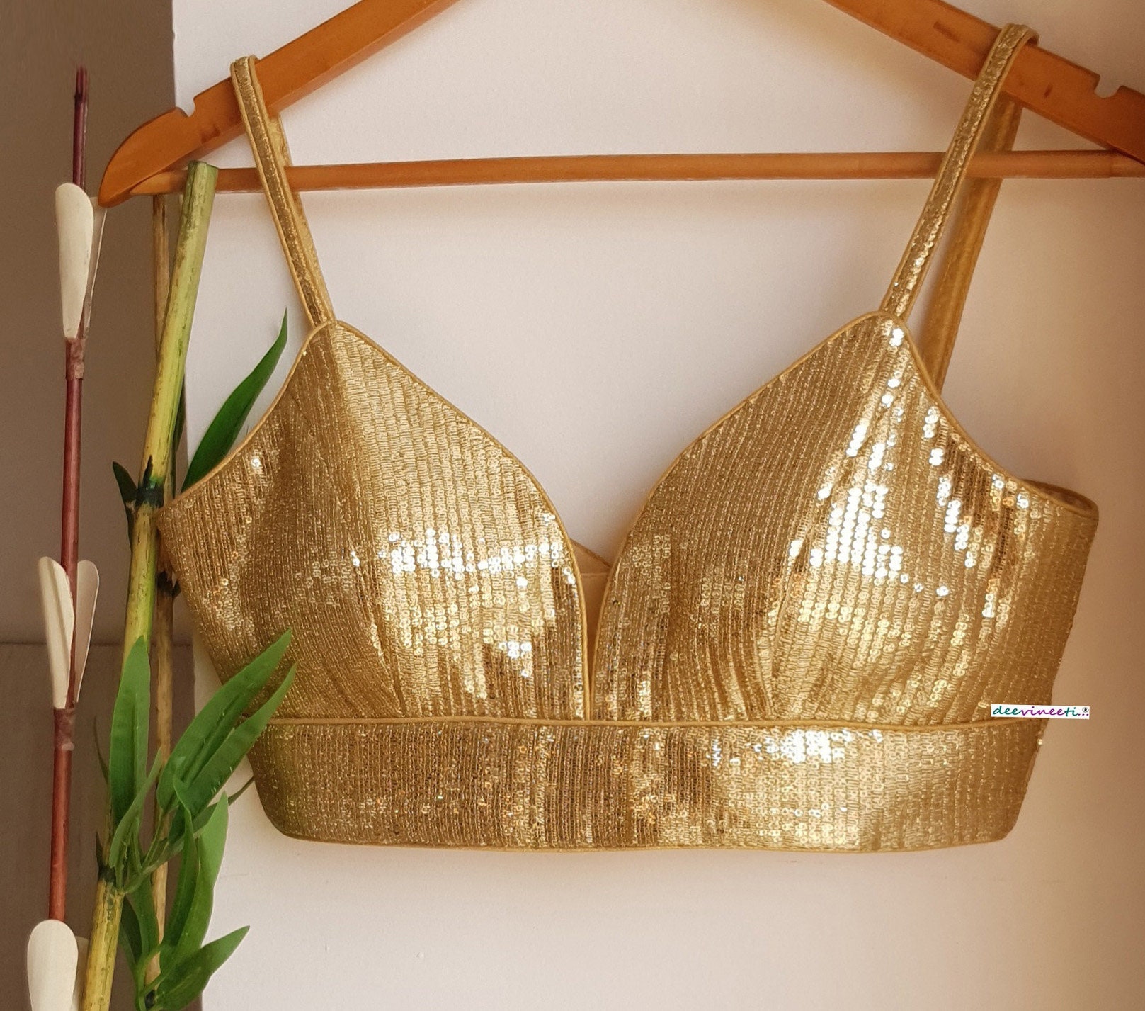 Made to Order Indian Designer Light Gold Sequins Saree Lehenga Blouse Round  Neck 