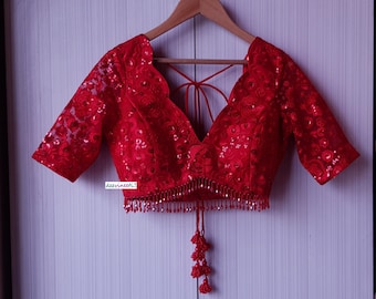 Buy Made to Order Indian Designer Red Embroidered Net Saree