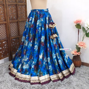 Made to Order Indian Blue Floral Print Art Satin Silk Lehenga Skirt for Wedding Bridesmaid Skirt Maxi Skirt DVLS_044.