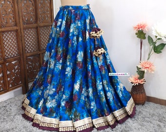 Made to Order Indian Blue Floral Print Art Satin Silk Lehenga Skirt for Wedding Bridesmaid Skirt Maxi Skirt