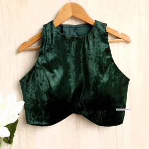 Saree Lehenga Blouse Made To Order Indian Designer Bottle Green Viscose Velvet Jewel Neck Blouse DVBL_325.