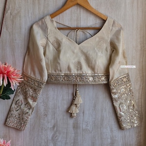 Saree Lehenga Blouse Made To Order Indian Designer Light Beige Tissue Brocade with Embroidery and Long Sleeves Sweetheart Neck DVBL_323