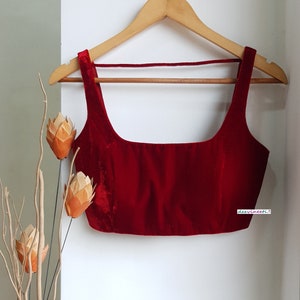 Made To Order Indian Burgundy Velvet Saree Lehenga Blouse Square Neckline Sleeveless DVBL_274