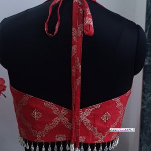 Saree Lehenga Indian Blouse Red Brocade Halter Neck Made To Order Blouse image 8