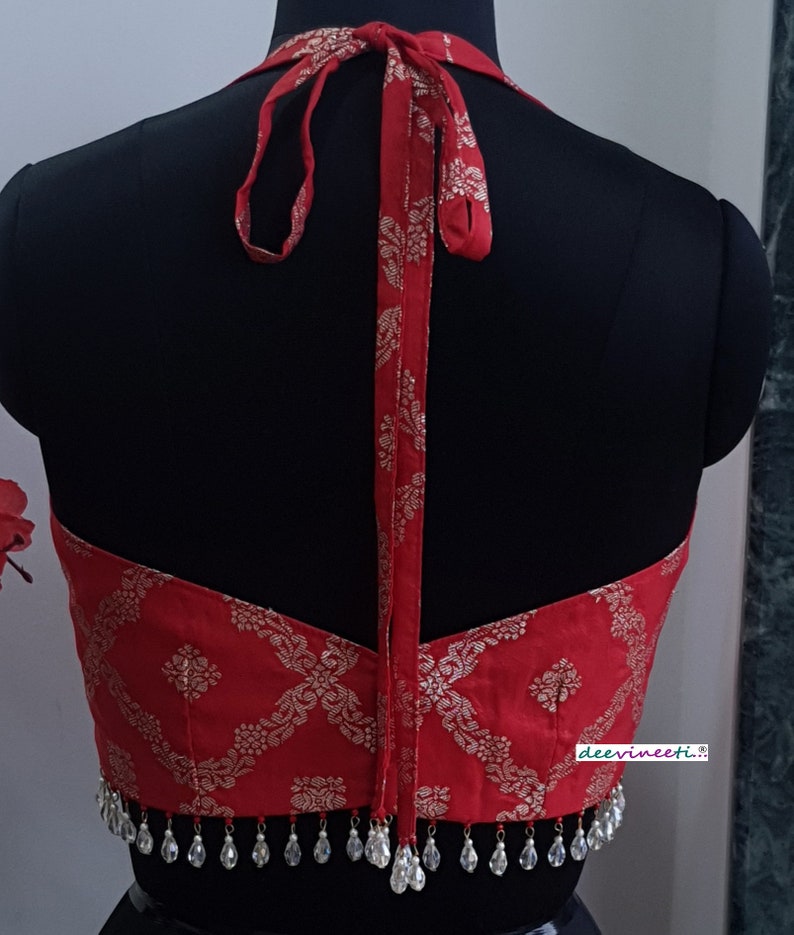 Saree Lehenga Indian Blouse Red Brocade Halter Neck Made To Order Blouse image 8
