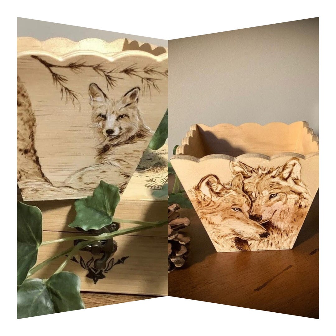 Pyrograph Fox Small Wooden Pot, Wood Pyrography, Handmade, Illustration of a Fox or ...