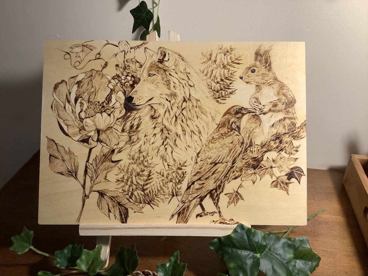 Ancienne plaque en bois pyrographie murale à la main