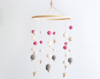 Girl Baby Mobile, Pink Nursery Decor, New Mom Gift, Hanging Mobile for Baby Girl, Baby Room Decor, Felt Balls Baby Mobile