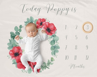 Personalised Poppy Milestone Mat, Poppy Baby Blanket, Flower Milestone Blanket, Red Flowers Monthly Blanket, Girl Age Blanket, Poppy Gift