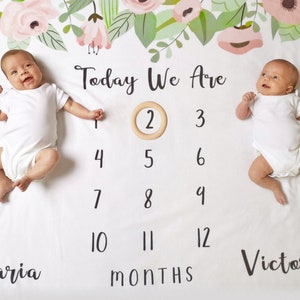 Twin Milestone Blanket Flower, Custom Flower Milestone Blanket, Girl Milestone Mat, Unique Twins Baby Gift, Personalized Milestone Blanket