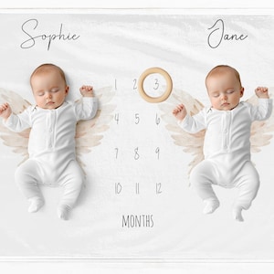 Twins Milestone Angel Wings Blanket, Girl Mat Gift, Christian Babies Growth Tracker Gift, Girl Milestone Mat, Girl Baby Shower Gift