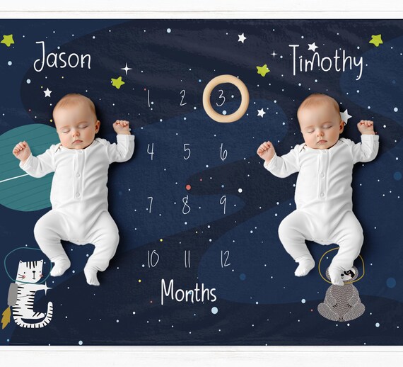 Space Themed Twins Milestone Blanket, Twin Boys Milestone Mat