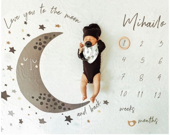 Moon and Stars Milestone Blanket, Universe Baby Blanket, Cute Baby Gift, Monthly Photo Prop, Baby Age Blanket, Baby Shower Gift