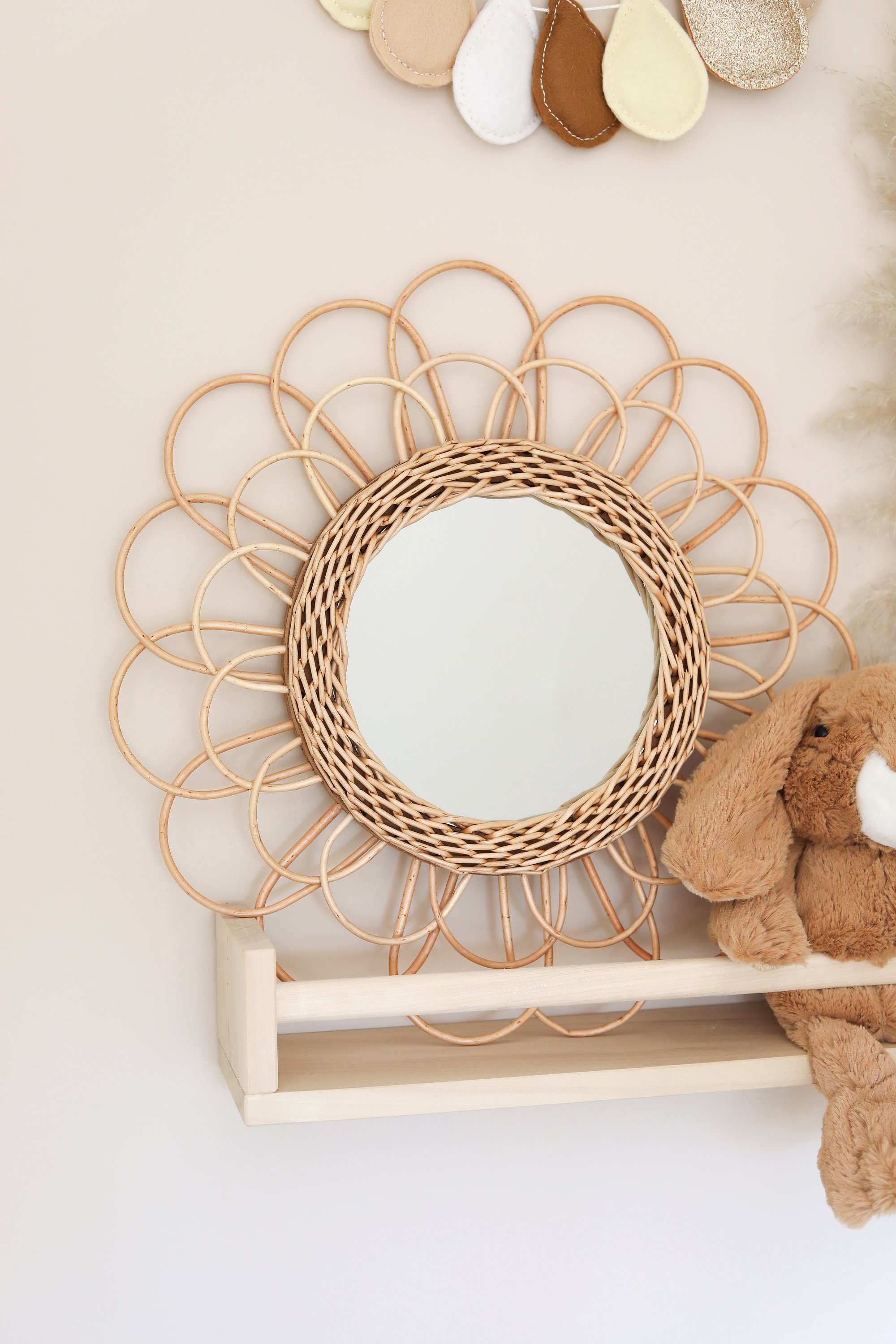 Flower Rattan Boho Wicker Circle Mirror, Bohemian Wall Hanging, Large Round Mirror, Floral Decor