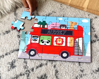 Personalised Children Puzzle | Xmas Gift | Kid Puzzle | Red Bus Toddler Gift | Children Birthday Gift | Custom Puzzle 30 pieces
