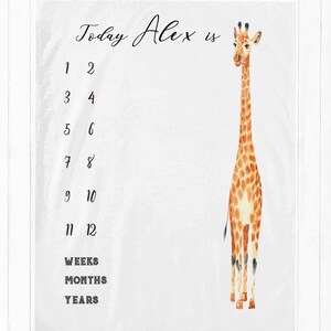May include: A white growth chart with a giraffe illustration and the text "Today Alex is" followed by numbers 1 through 12, and the words "Weeks", "Months", and "Years".
