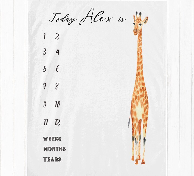 May include: A white growth chart with a giraffe illustration and the text "Today Alex is" followed by numbers 1 through 12, and the words "Weeks", "Months", and "Years".