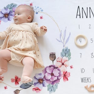 Manta de hitos para niña, tapete floral para hitos, manta de edad para niña, manta de flores de acuarela para recién nacida, manta morada para bebé