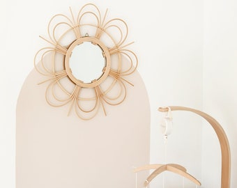 Boho Wicker Circle Mirror, Flower Rattan Wall Decor, Large Round Mirror, Bohemian Home Accents