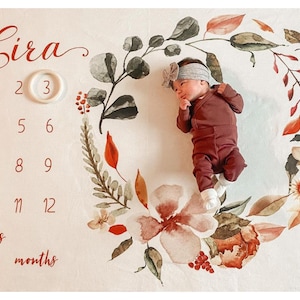 Manta floral para hitos, manta para bebé niña, tapete personalizado para hitos, manta mensual para niña, manta mensual para bebé niña, hojas de otoño