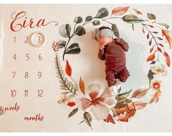 Floral Milestone Blanket, Baby Blanket for Girl, Personalized Milestone Mat, Girl Monthly Blanket, Baby Girl Monthly Blanket, Autumn Leaves