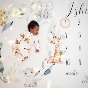 Safari Animals Milestone Blanket for Boys, Watercolour Leaves Milestonat Mat, Custom Baby Age Mat, Baby Boy Monthly Photo Blanket